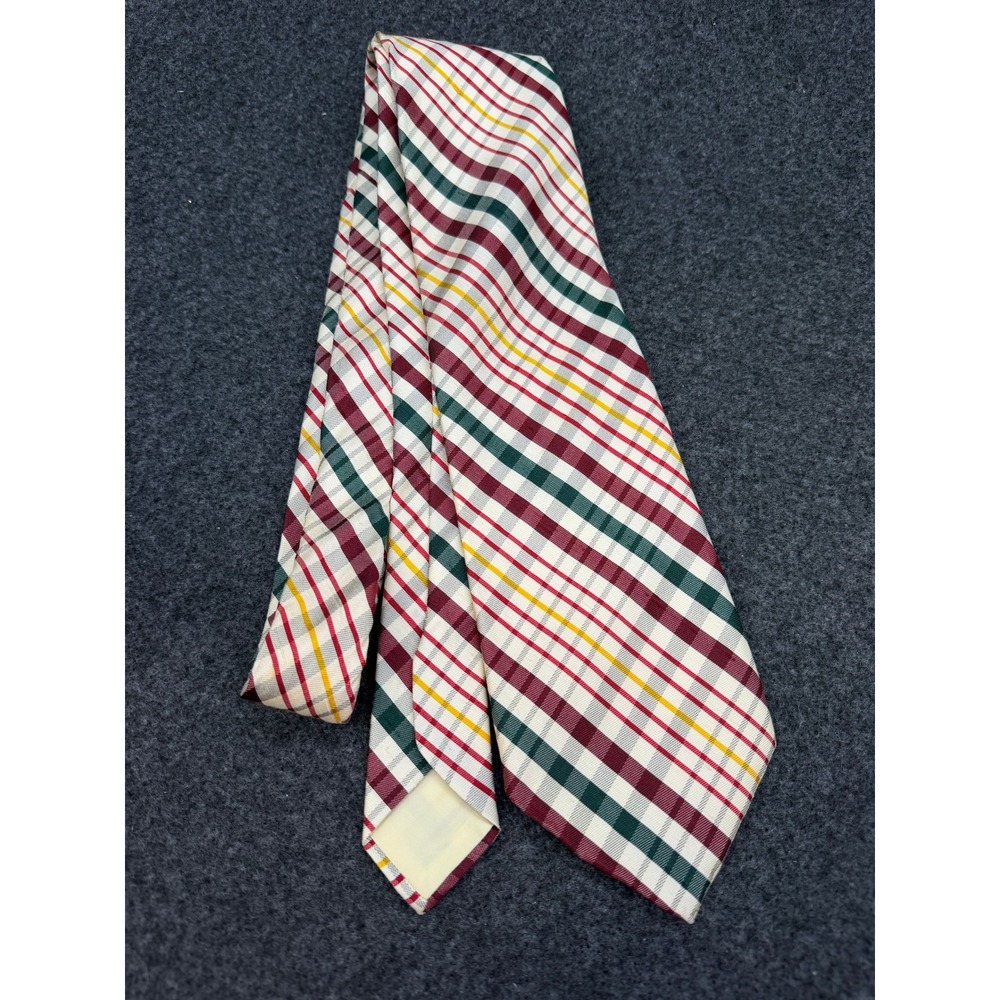 Rivetz of Boston Mens Silk Plaid Necktie Burgundy Green Yellow Ivy League Preppy